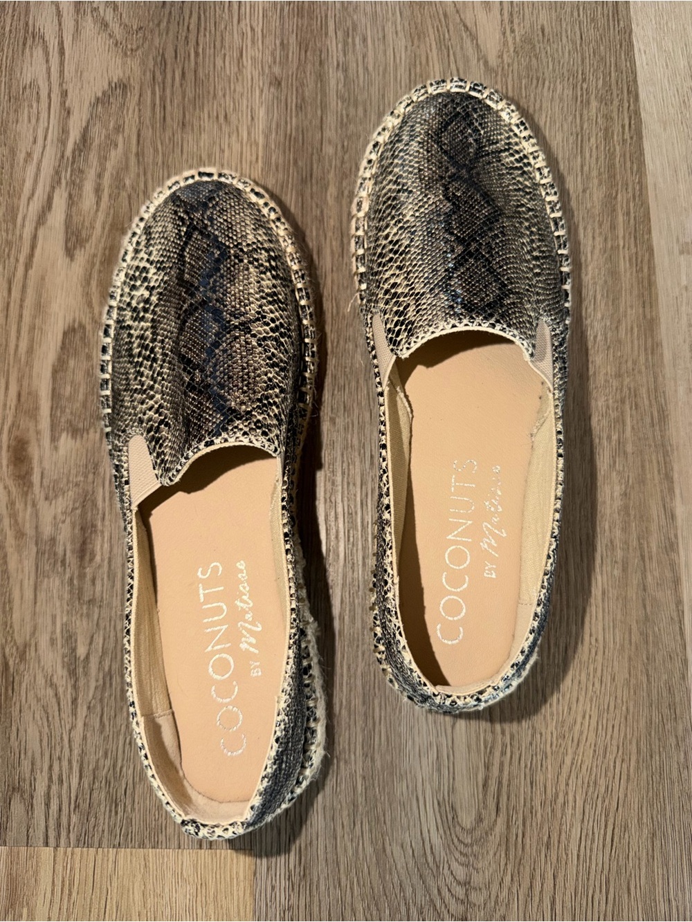 Coconuts by Matisse Snake-Print Slip-On Flats in Beige and Black